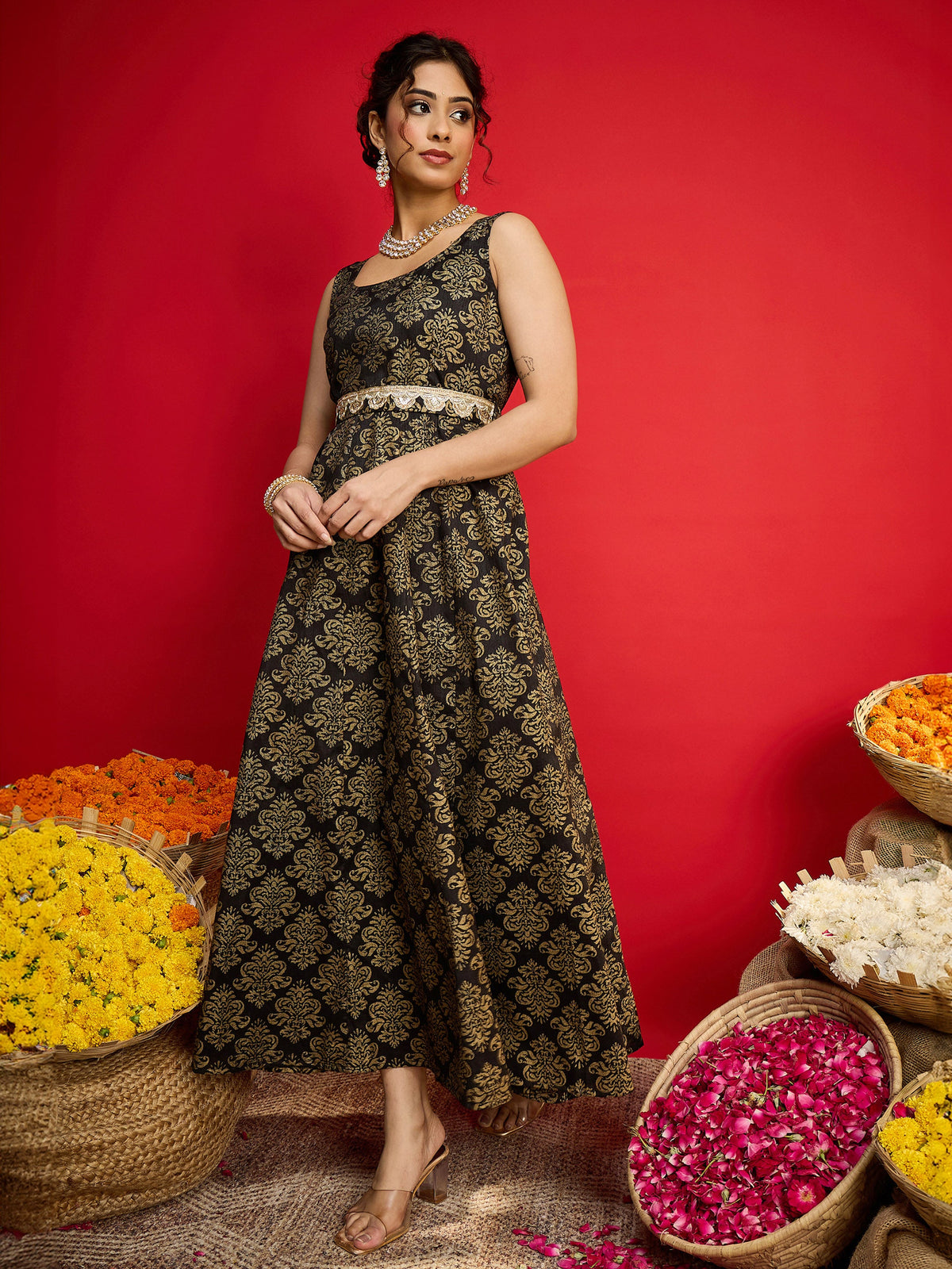 Black Jacquard Floral Self-Belt Anarkali Dress-Shae By SASSAFRAS