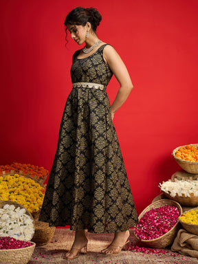 Black Jacquard Floral Self-Belt Anarkali Dress-Shae By SASSAFRAS