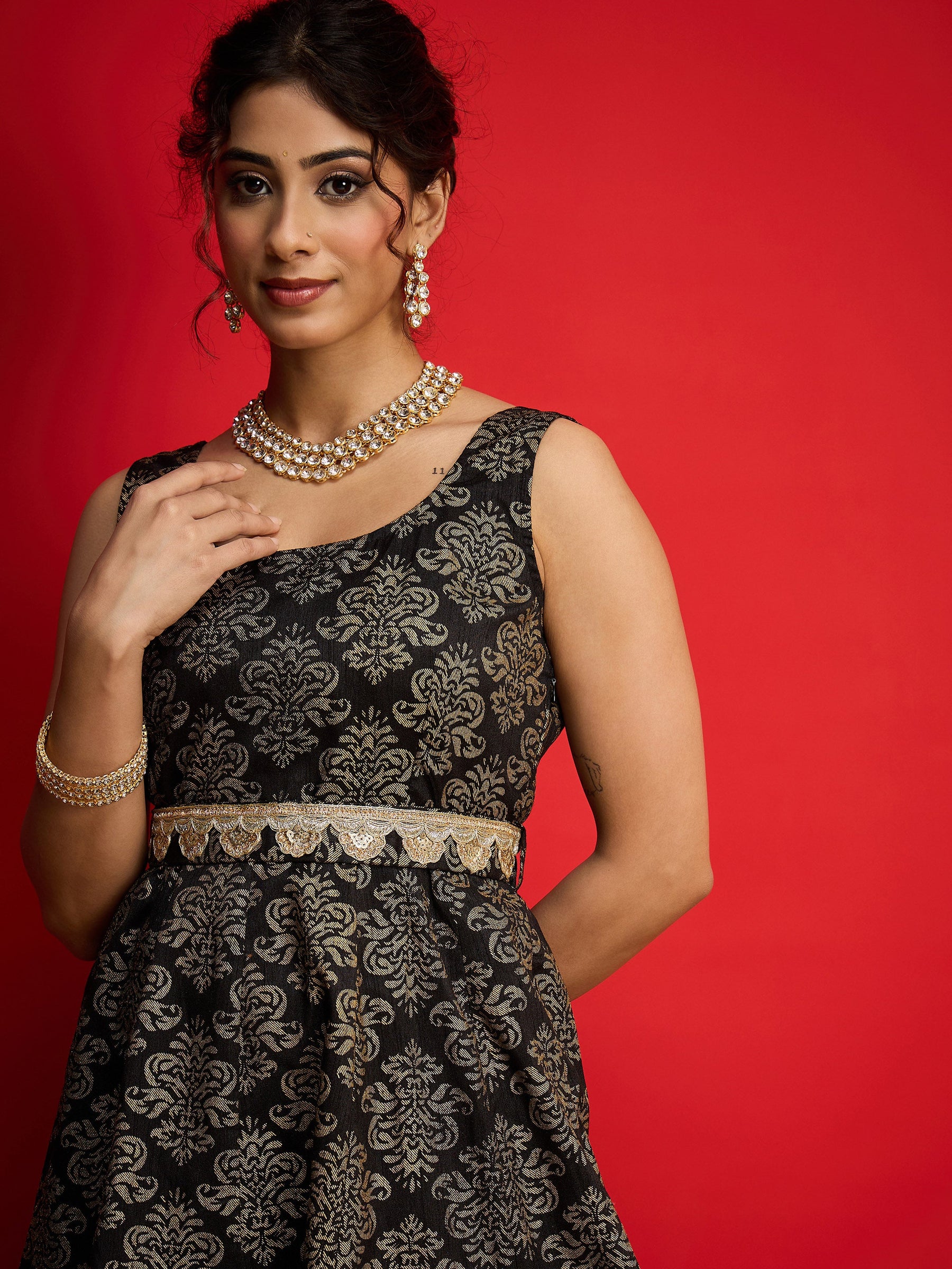Black Jacquard Floral Self-Belt Anarkali Dress-Shae By SASSAFRAS