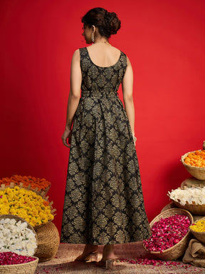 Black Jacquard Floral Self-Belt Anarkali Dress-Shae By SASSAFRAS
