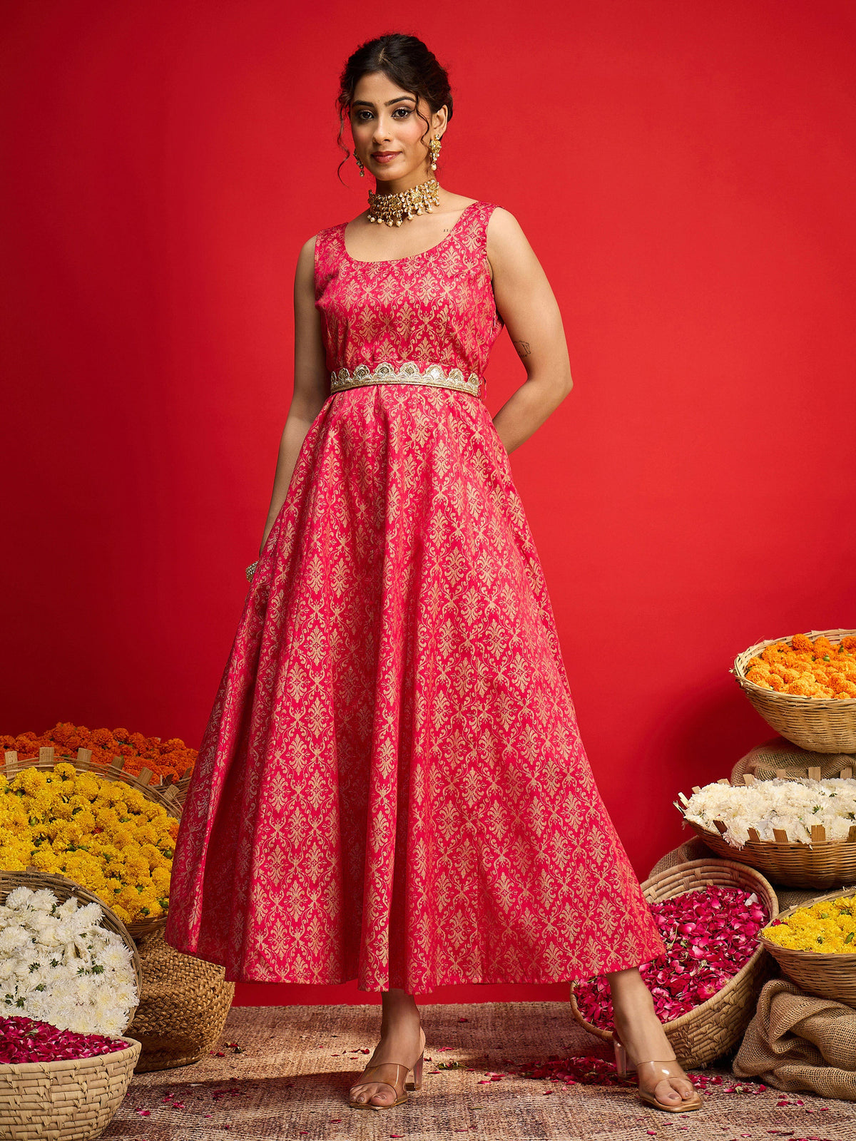 Fuchsia Jacquard Floral Self-Belt Anarkali Dress-Shae By SASSAFRAS