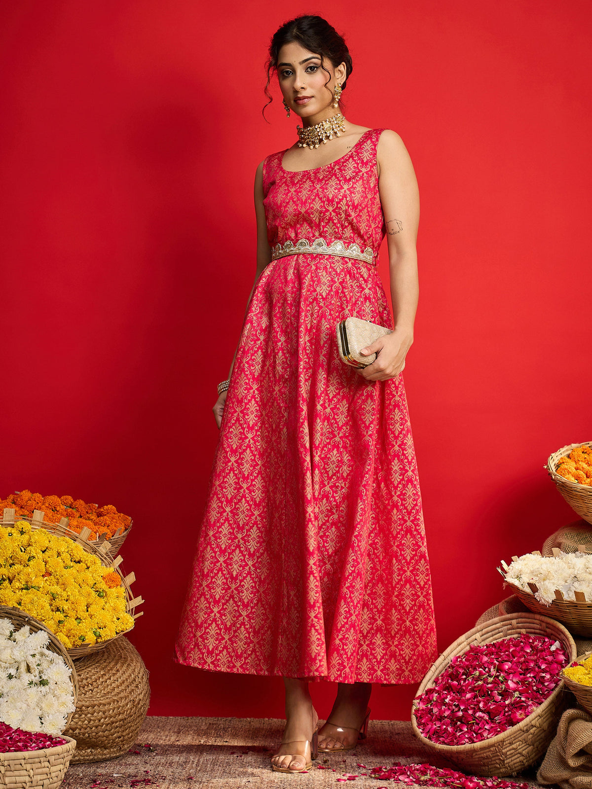 Fuchsia Jacquard Floral Self-Belt Anarkali Dress-Shae By SASSAFRAS