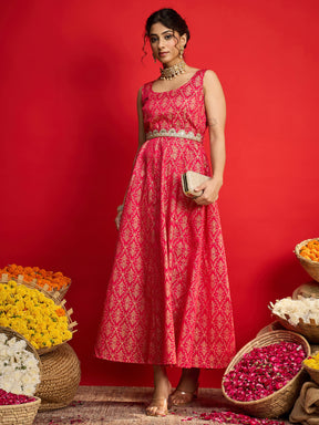 Fuchsia Jacquard Floral Self-Belt Anarkali Dress-Shae By SASSAFRAS