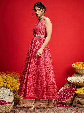 Fuchsia Jacquard Floral Self-Belt Anarkali Dress-Shae By SASSAFRAS