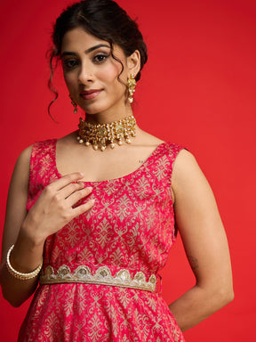 Fuchsia Jacquard Floral Self-Belt Anarkali Dress-Shae By SASSAFRAS
