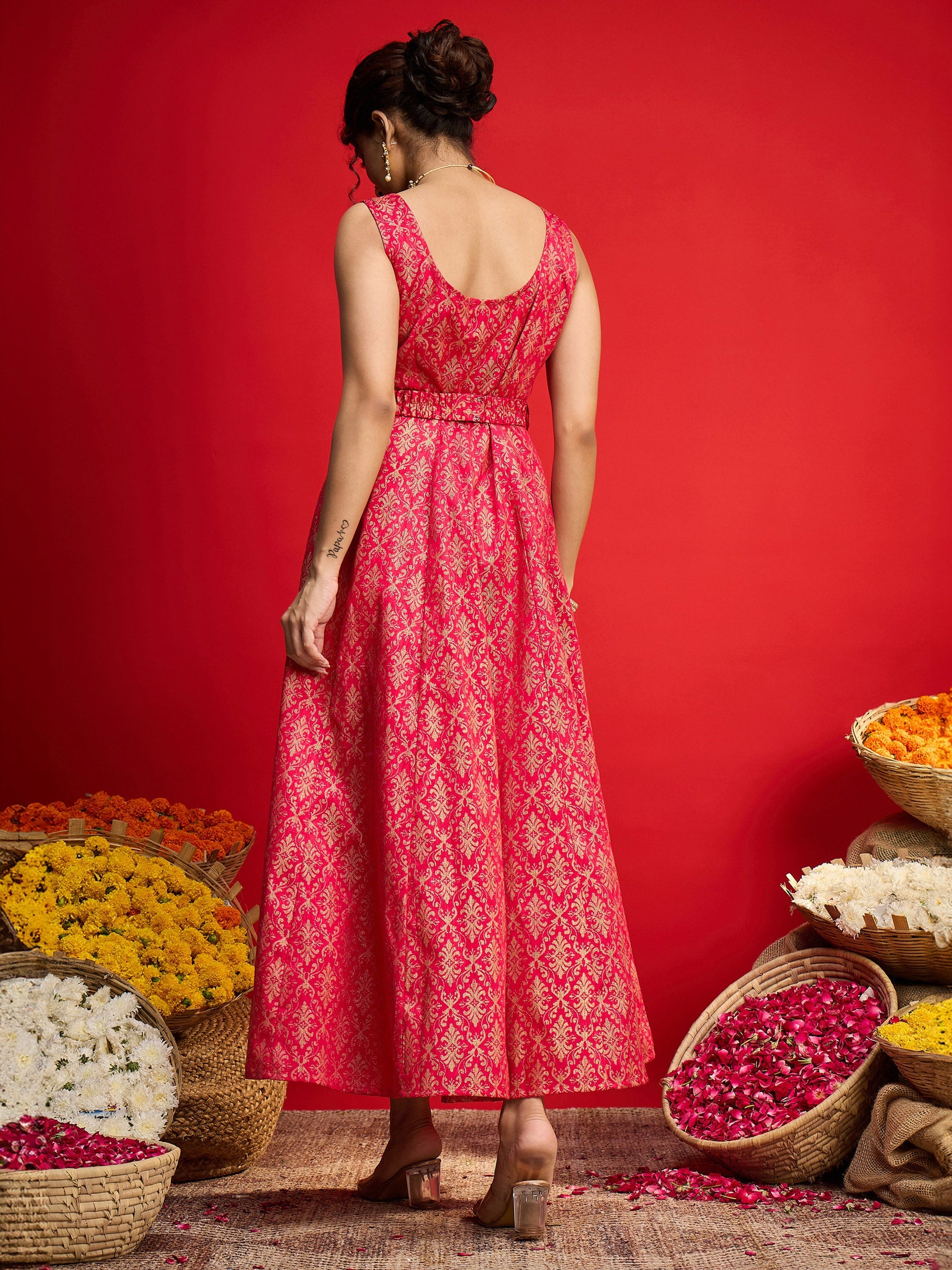 Fuchsia Jacquard Floral Self-Belt Anarkali Dress-Shae By SASSAFRAS