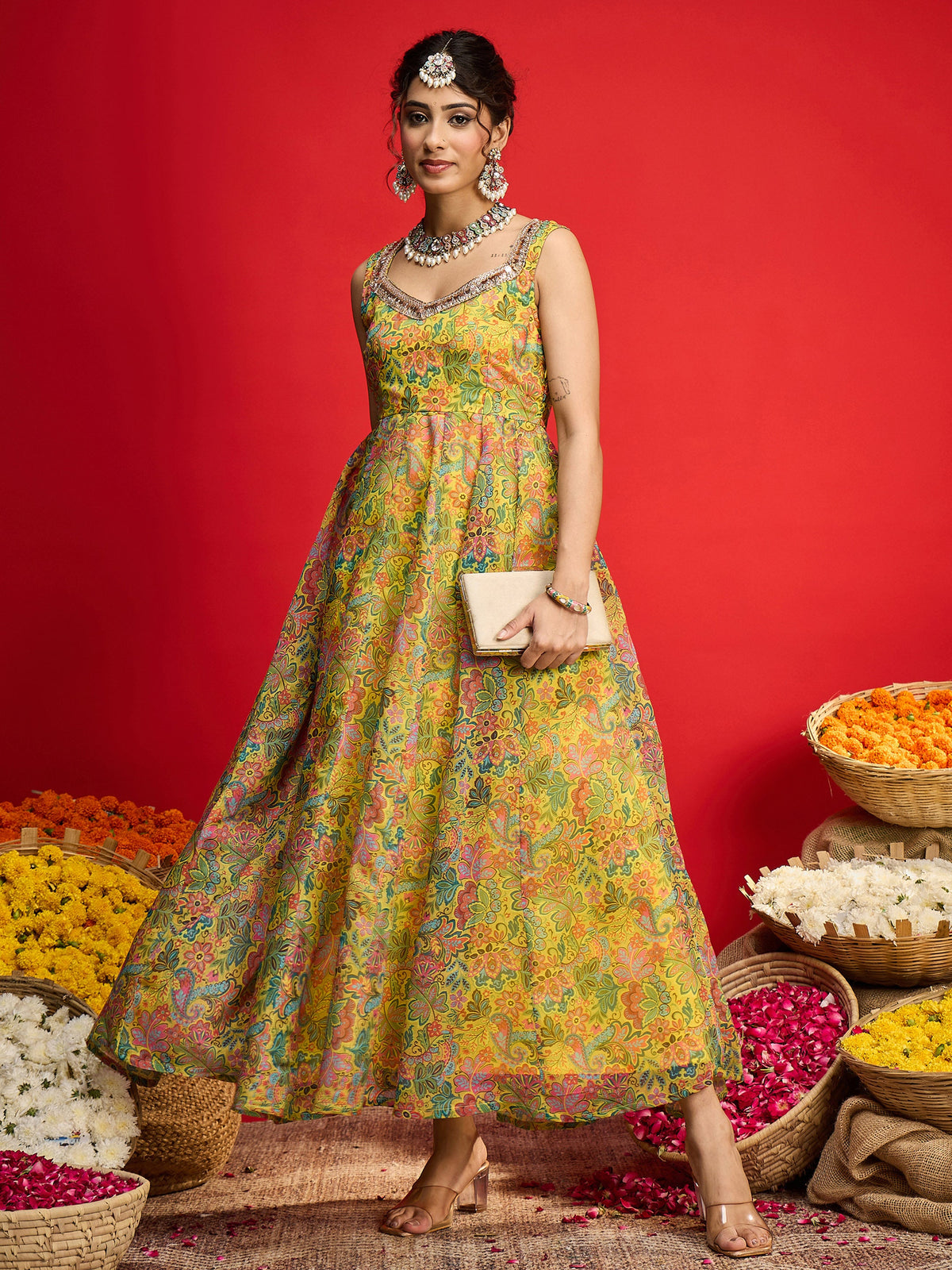 Yellow Floral Chanderi Sleeveless Anarkali Dress-Shae By SASSAFRAS