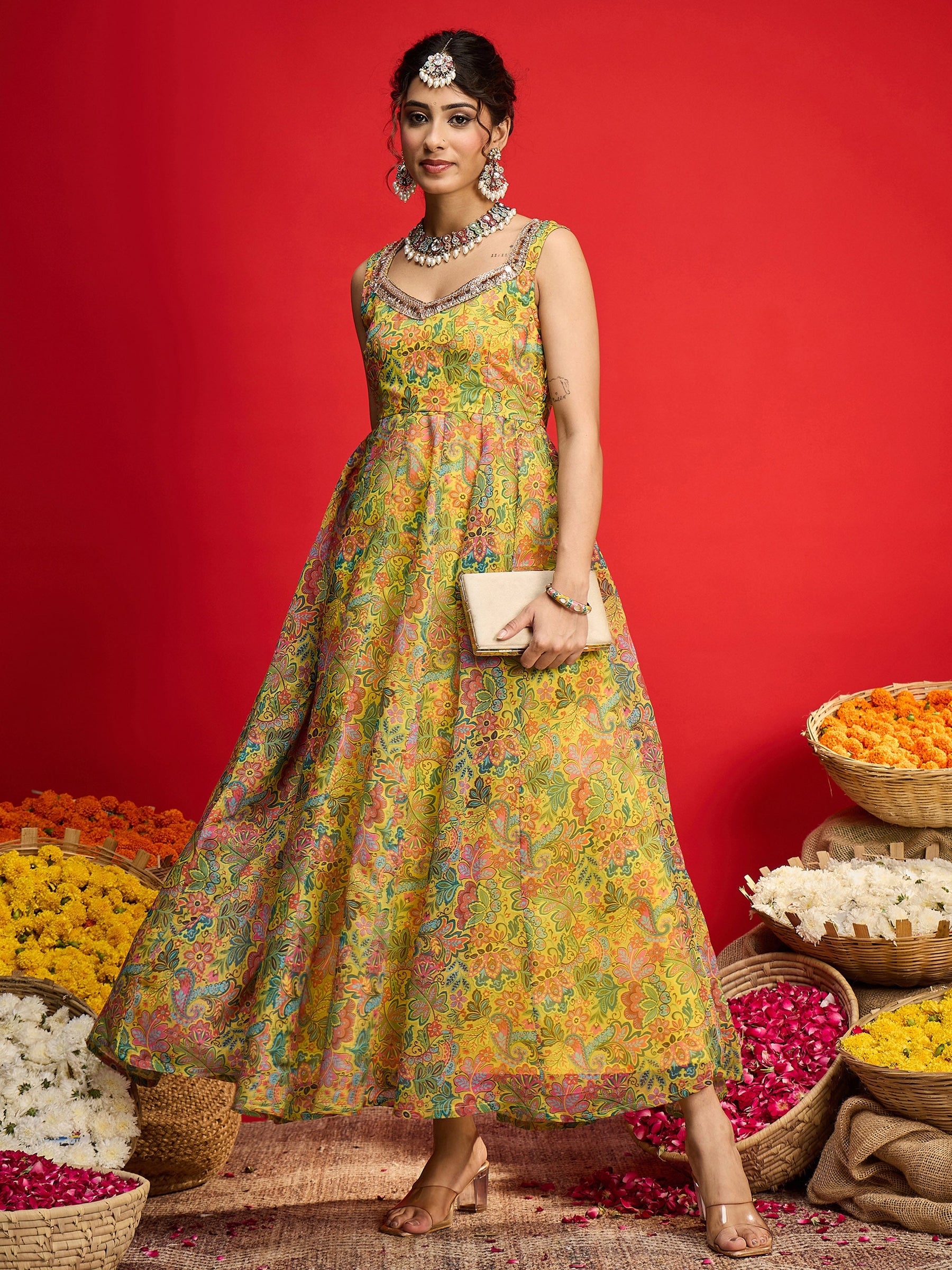Yellow Floral Chanderi Sleeveless Anarkali Dress-Shae By SASSAFRAS