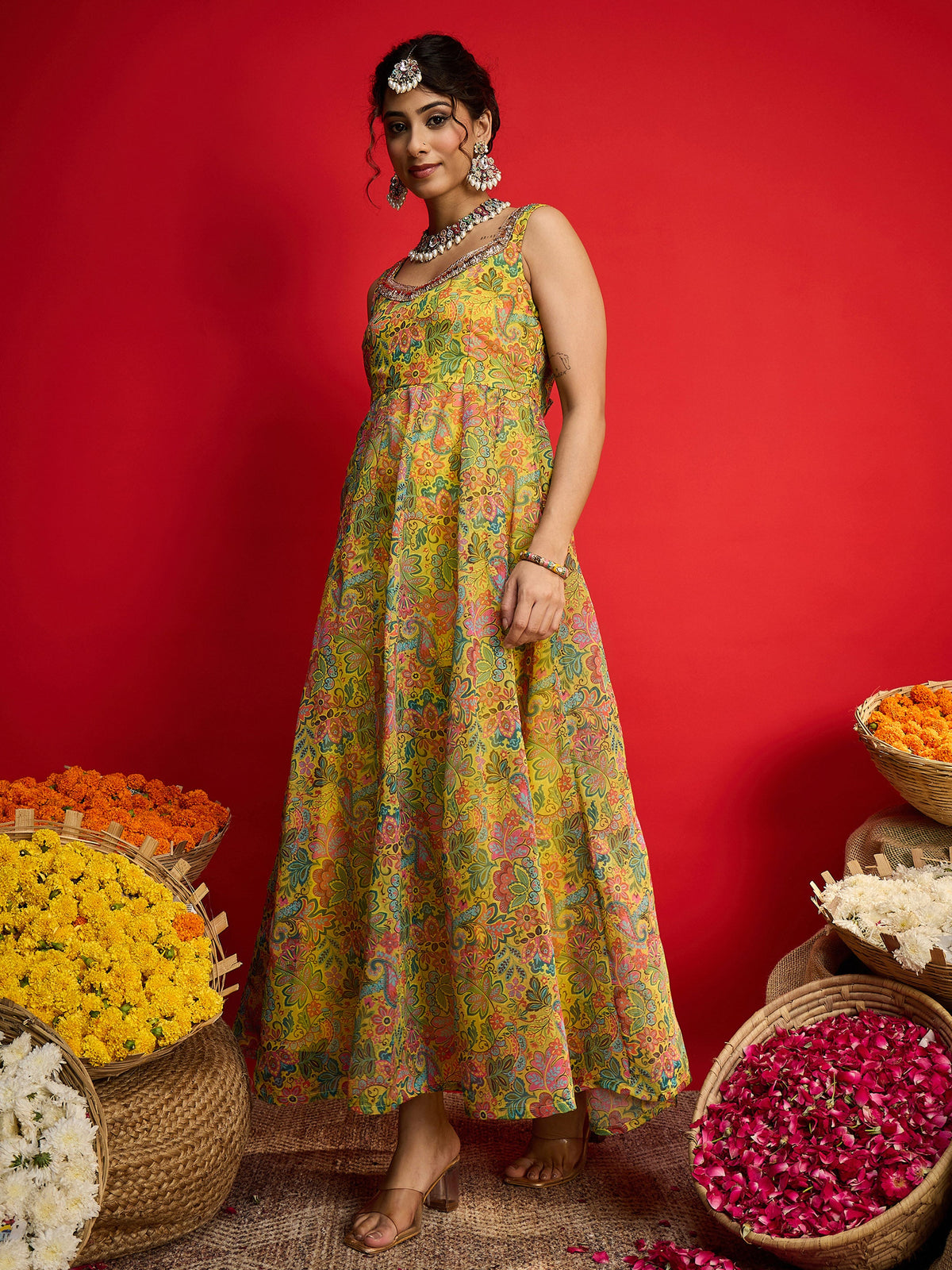 Yellow Floral Chanderi Sleeveless Anarkali Dress-Shae By SASSAFRAS