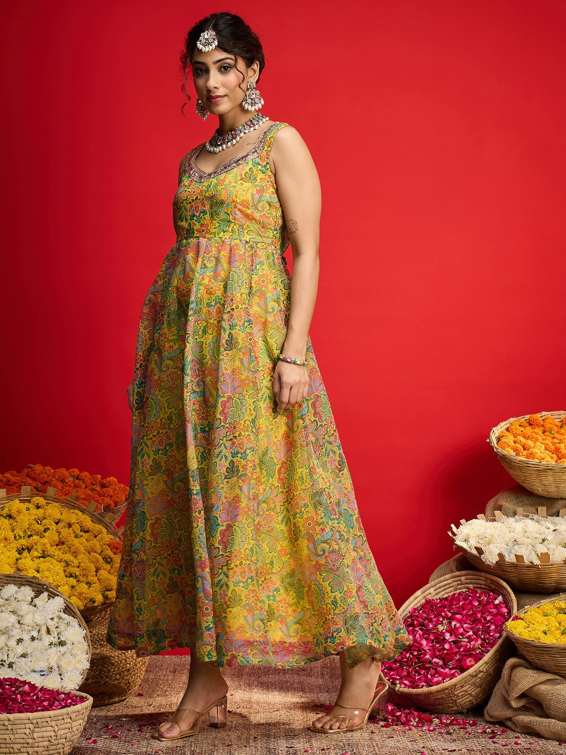 Yellow Floral Chanderi Sleeveless Anarkali Dress-Shae By SASSAFRAS