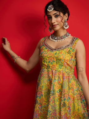 Yellow Floral Chanderi Sleeveless Anarkali Dress-Shae By SASSAFRAS
