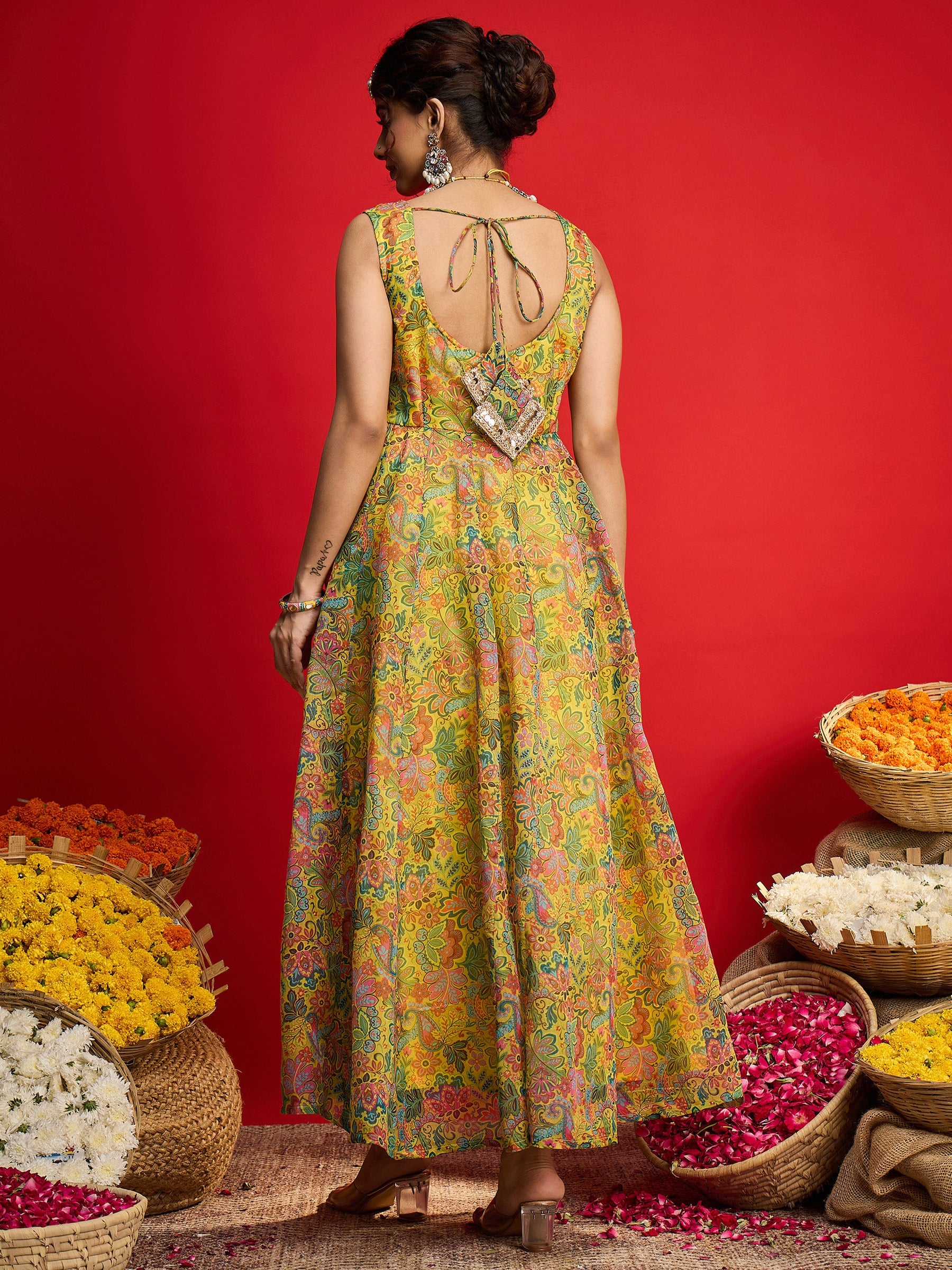 Yellow Floral Chanderi Sleeveless Anarkali Dress-Shae By SASSAFRAS