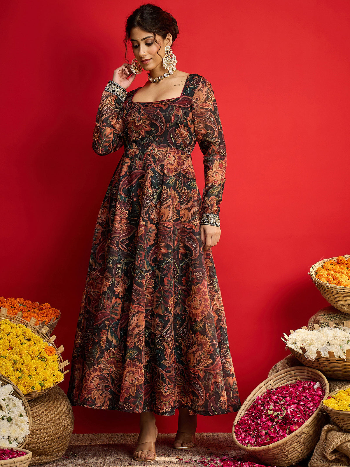 Black Floral Chanderi Anarkali Dress-Shae By SASSAFRAS