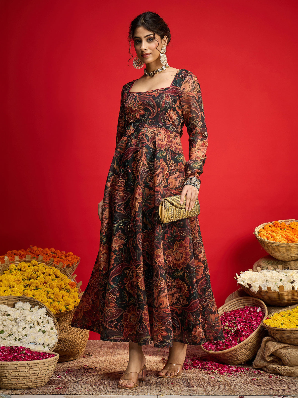 Black Floral Chanderi Anarkali Dress-Shae By SASSAFRAS