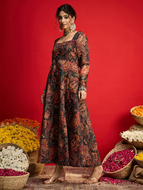 Black Floral Chanderi Anarkali Dress-Shae By SASSAFRAS