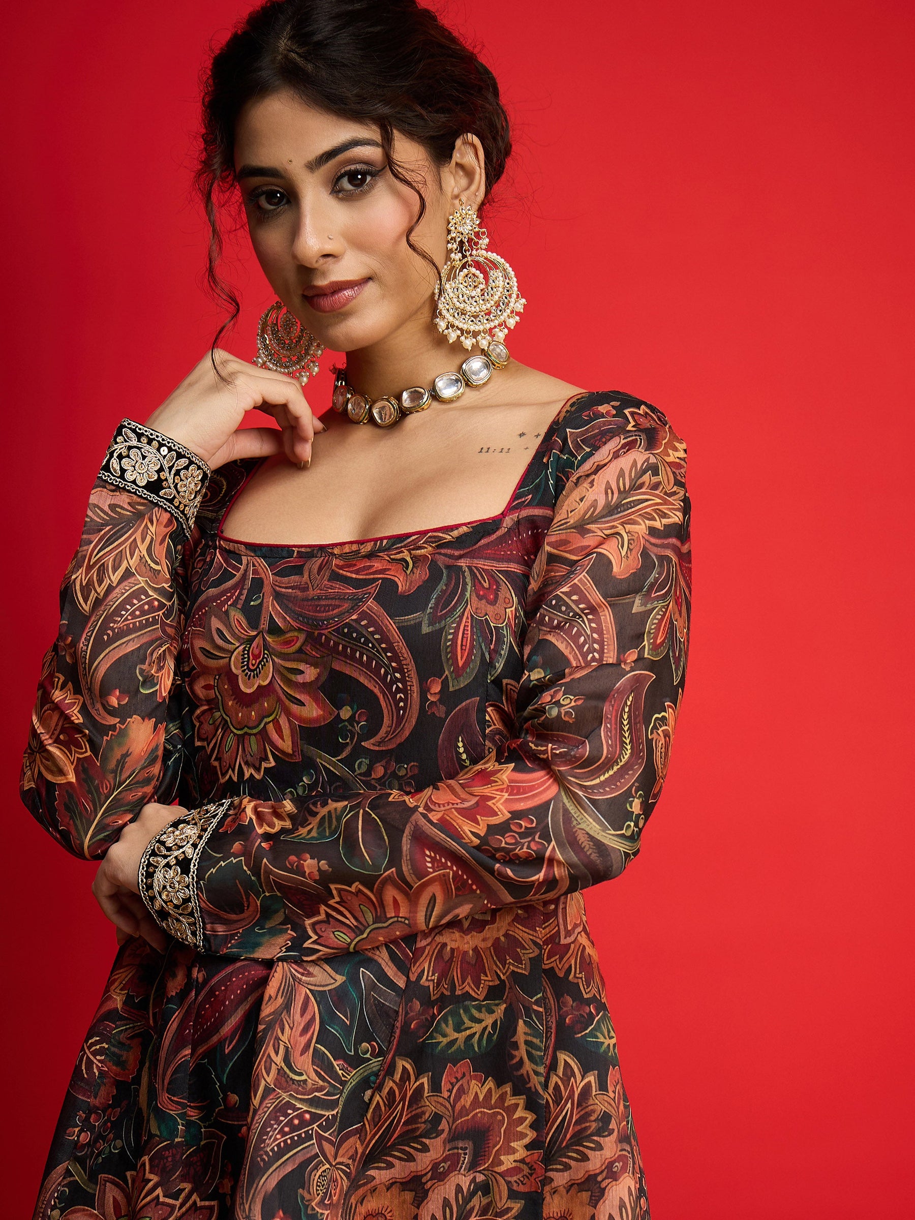 Black Floral Chanderi Anarkali Dress-Shae By SASSAFRAS