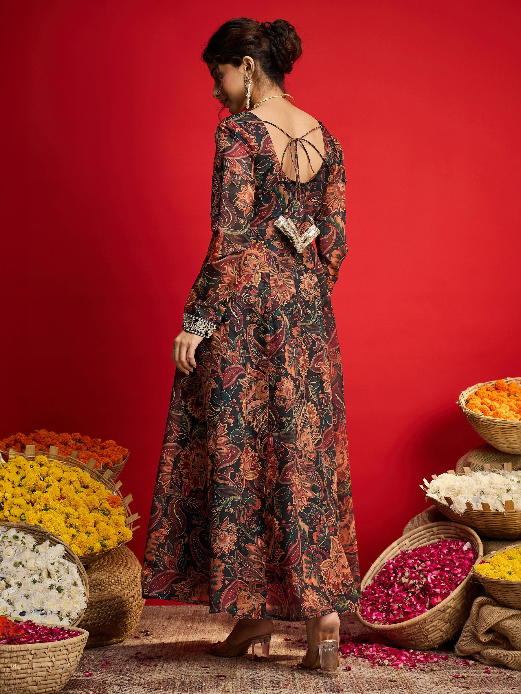 Black Floral Chanderi Anarkali Dress-Shae By SASSAFRAS