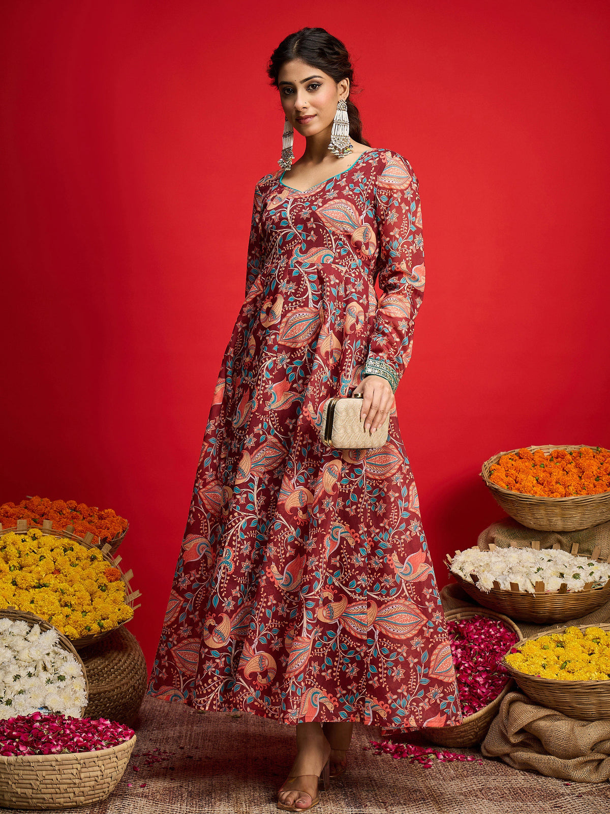 Maroon Floral Chanderi Anarkali Dress-Shae By SASSAFRAS