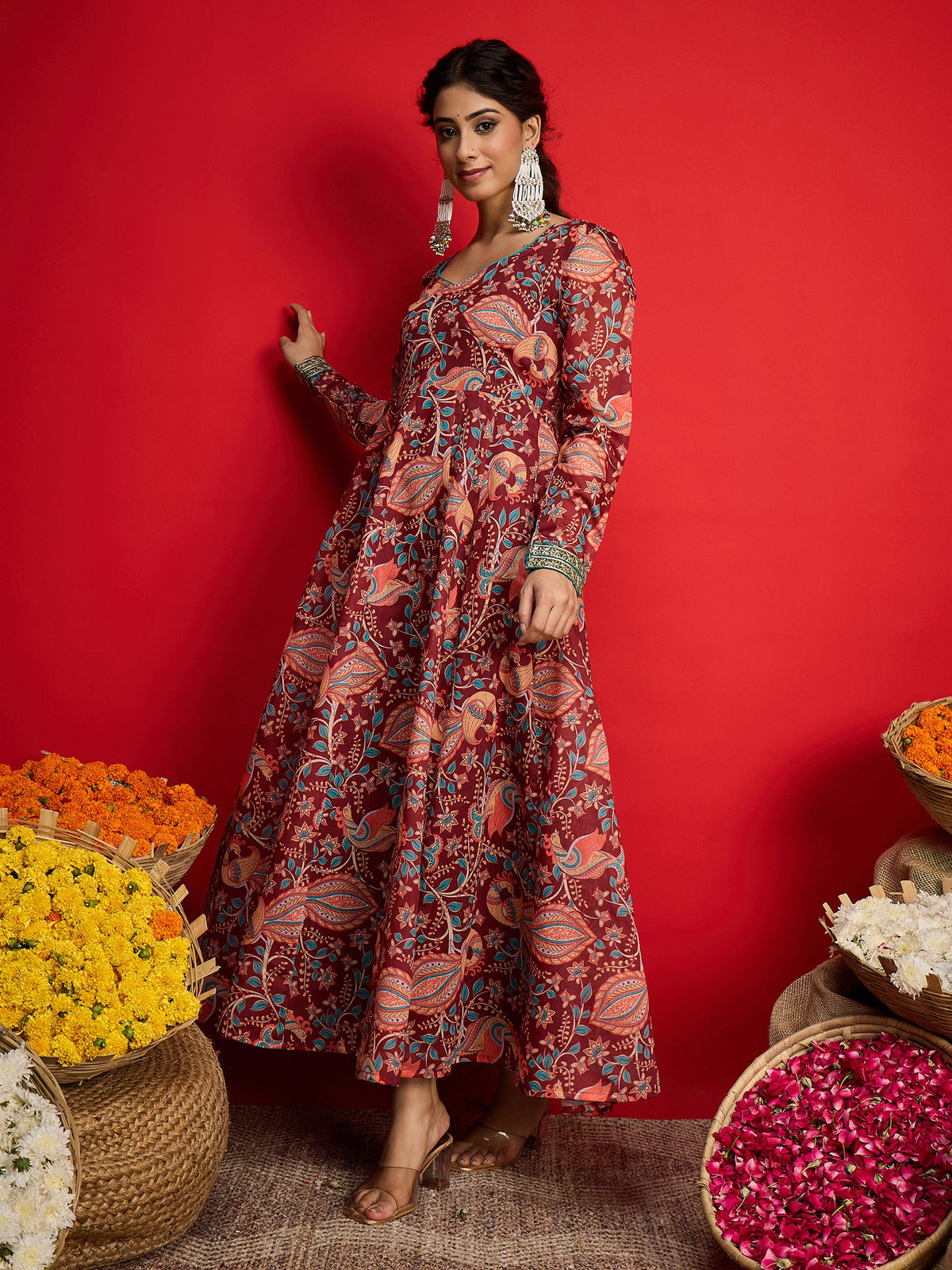Maroon Floral Chanderi Anarkali Dress-Shae By SASSAFRAS