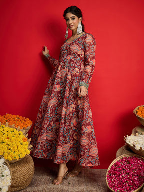 Maroon Floral Chanderi Anarkali Dress-Shae By SASSAFRAS