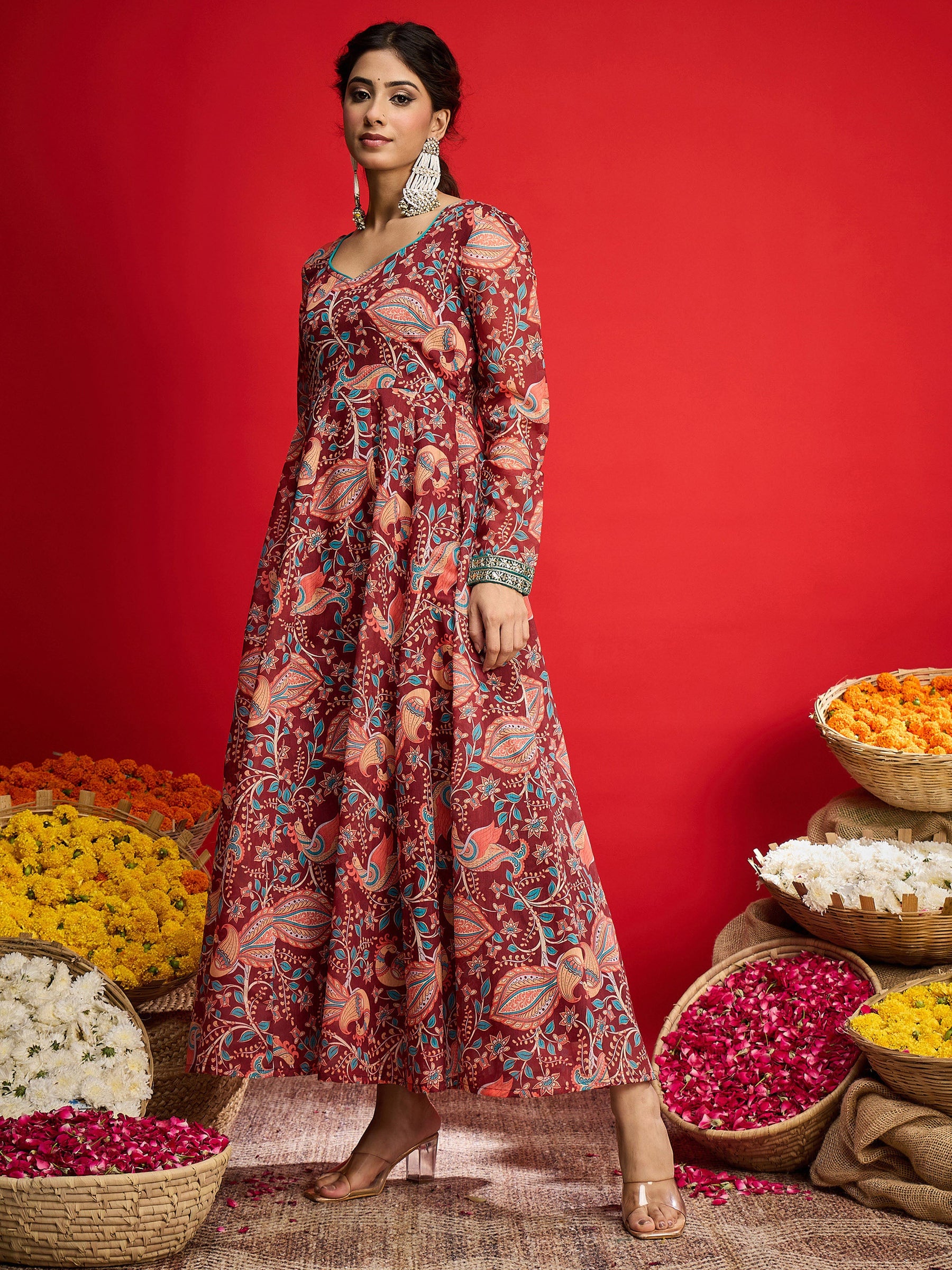 Maroon Floral Chanderi Anarkali Dress-Shae By SASSAFRAS
