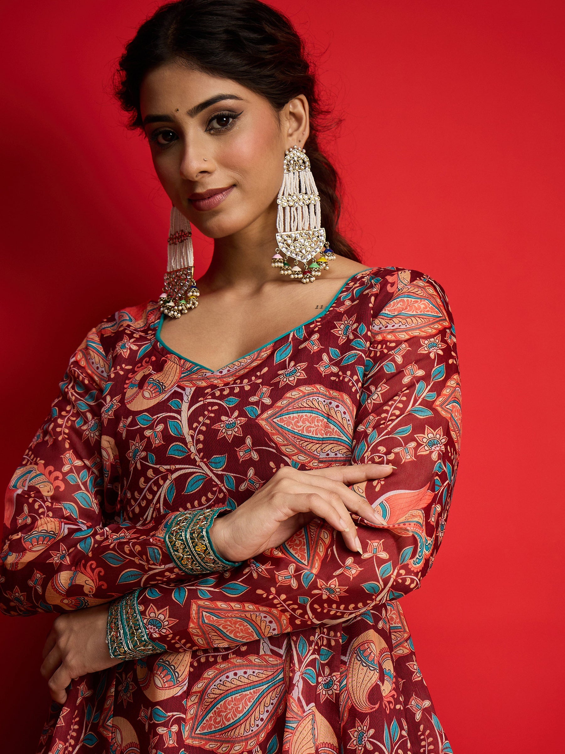 Maroon Floral Chanderi Anarkali Dress-Shae By SASSAFRAS