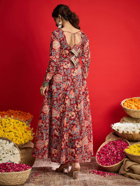 Maroon Floral Chanderi Anarkali Dress-Shae By SASSAFRAS