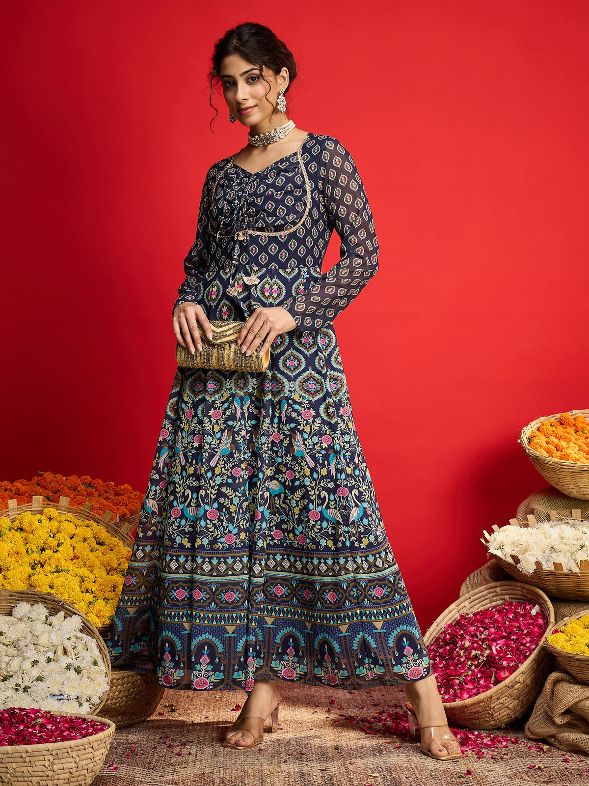 Navy Floral Front Dori Anarkali Dress-Shae By SASSAFRAS