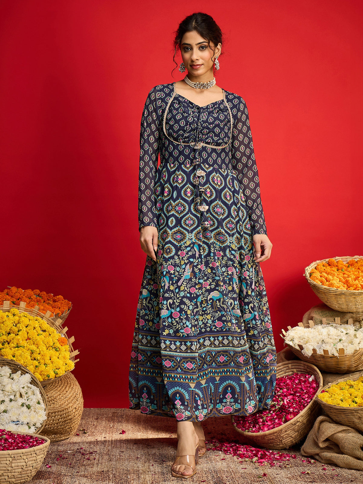Navy Floral Front Dori Anarkali Dress-Shae By SASSAFRAS