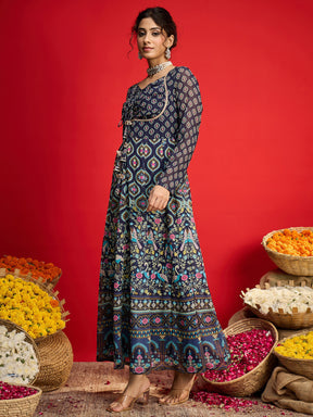Navy Floral Front Dori Anarkali Dress-Shae By SASSAFRAS