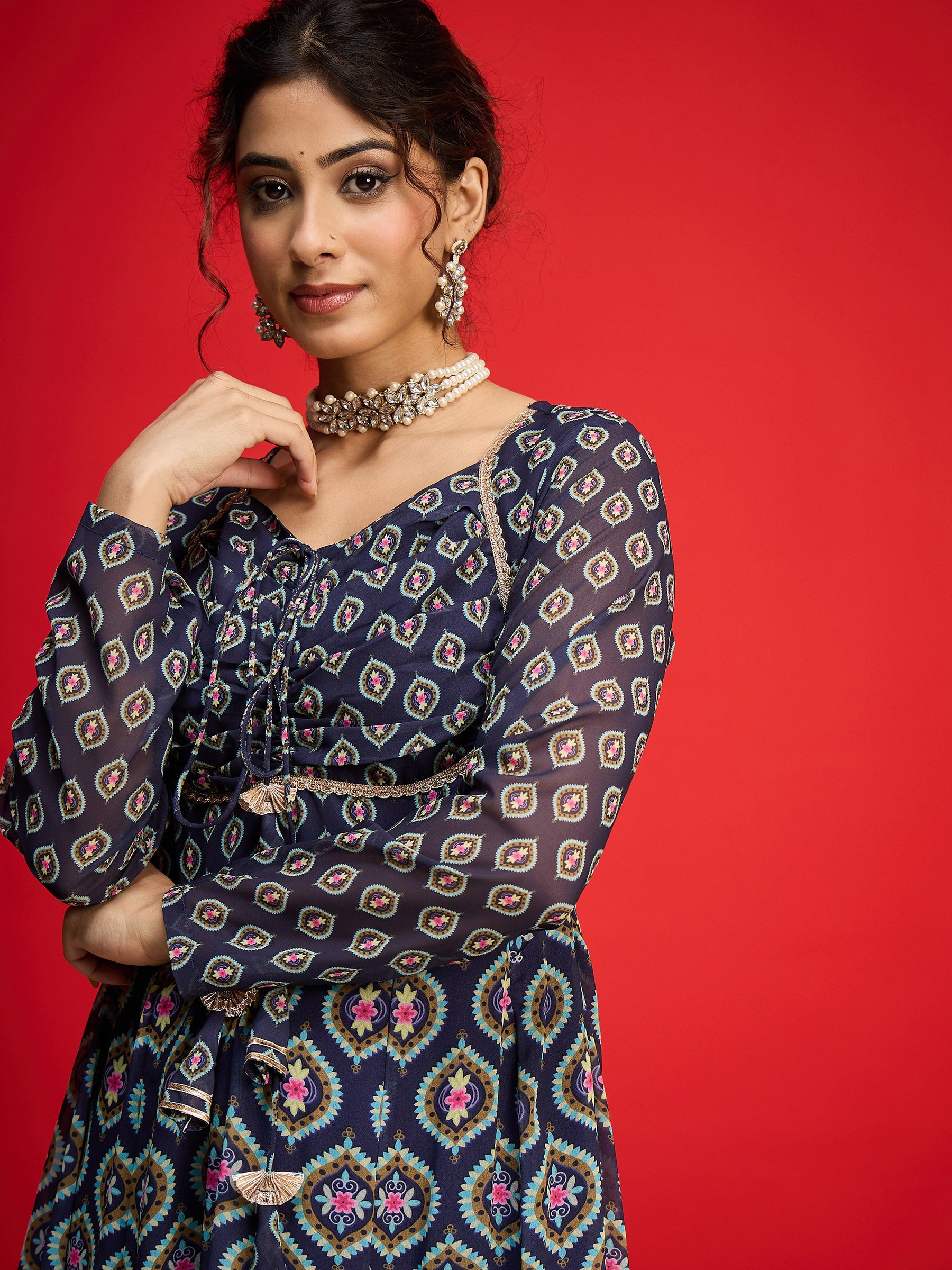 Navy Floral Front Dori Anarkali Dress-Shae By SASSAFRAS
