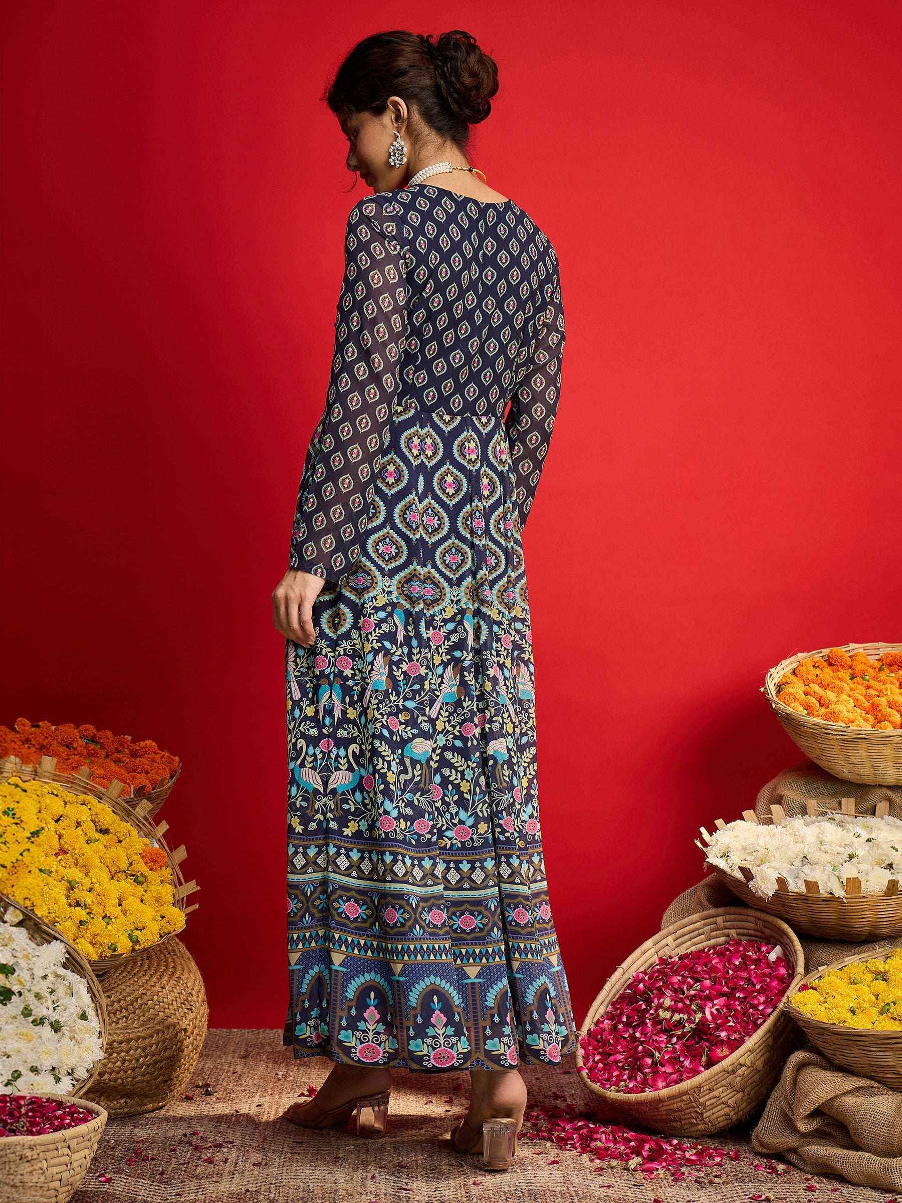Navy Floral Front Dori Anarkali Dress-Shae By SASSAFRAS