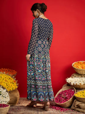 Navy Floral Front Dori Anarkali Dress-Shae By SASSAFRAS