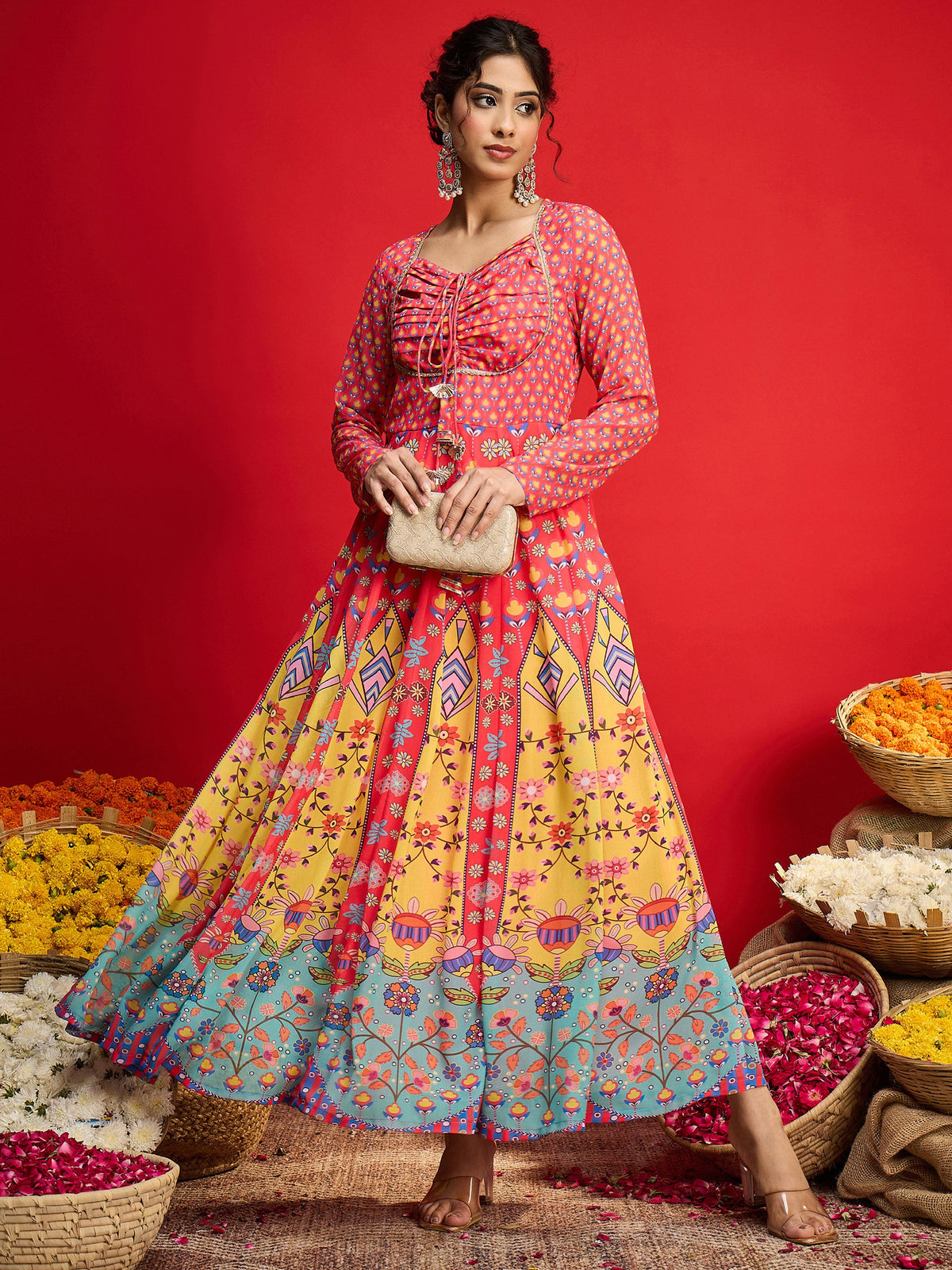Pink Floral Front Dori Anarkali Dress-Shae By SASSAFRAS