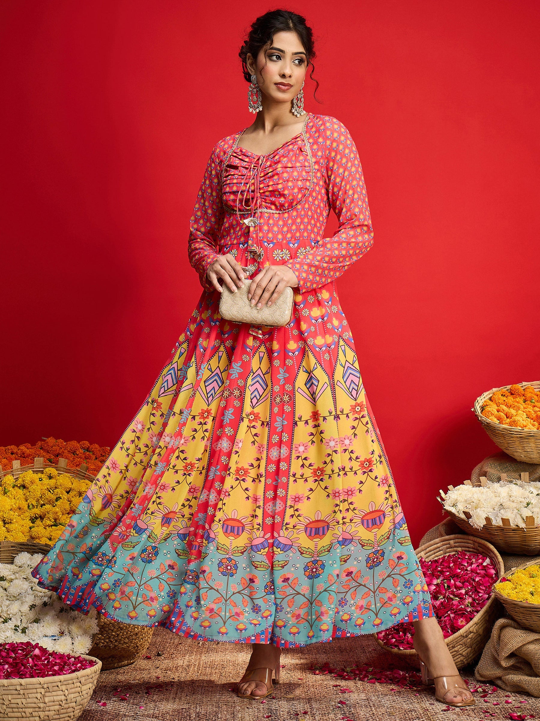 Pink Floral Front Dori Anarkali Dress-Shae By SASSAFRAS