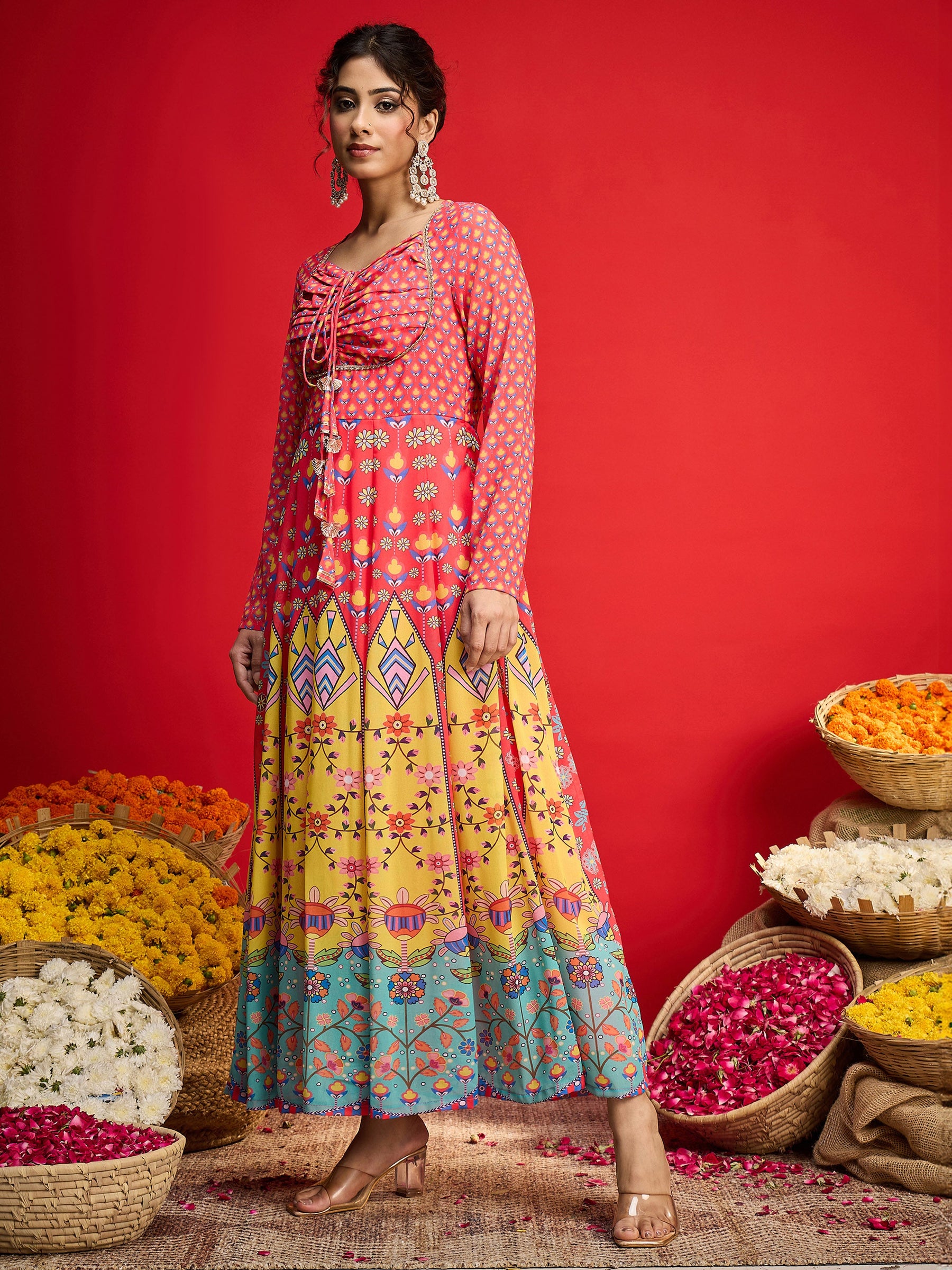 Pink Floral Front Dori Anarkali Dress-Shae By SASSAFRAS