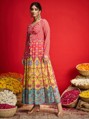 Pink Floral Front Dori Anarkali Dress-Shae By SASSAFRAS
