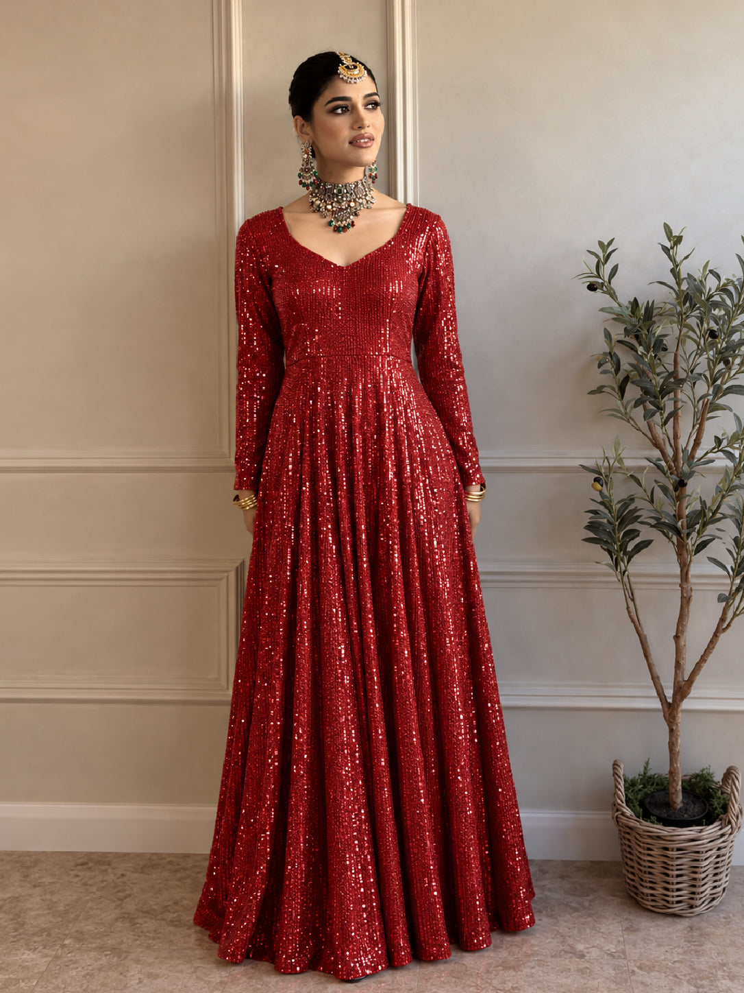 Women Red Sequence Sweetheart Neck Anarkali Dress