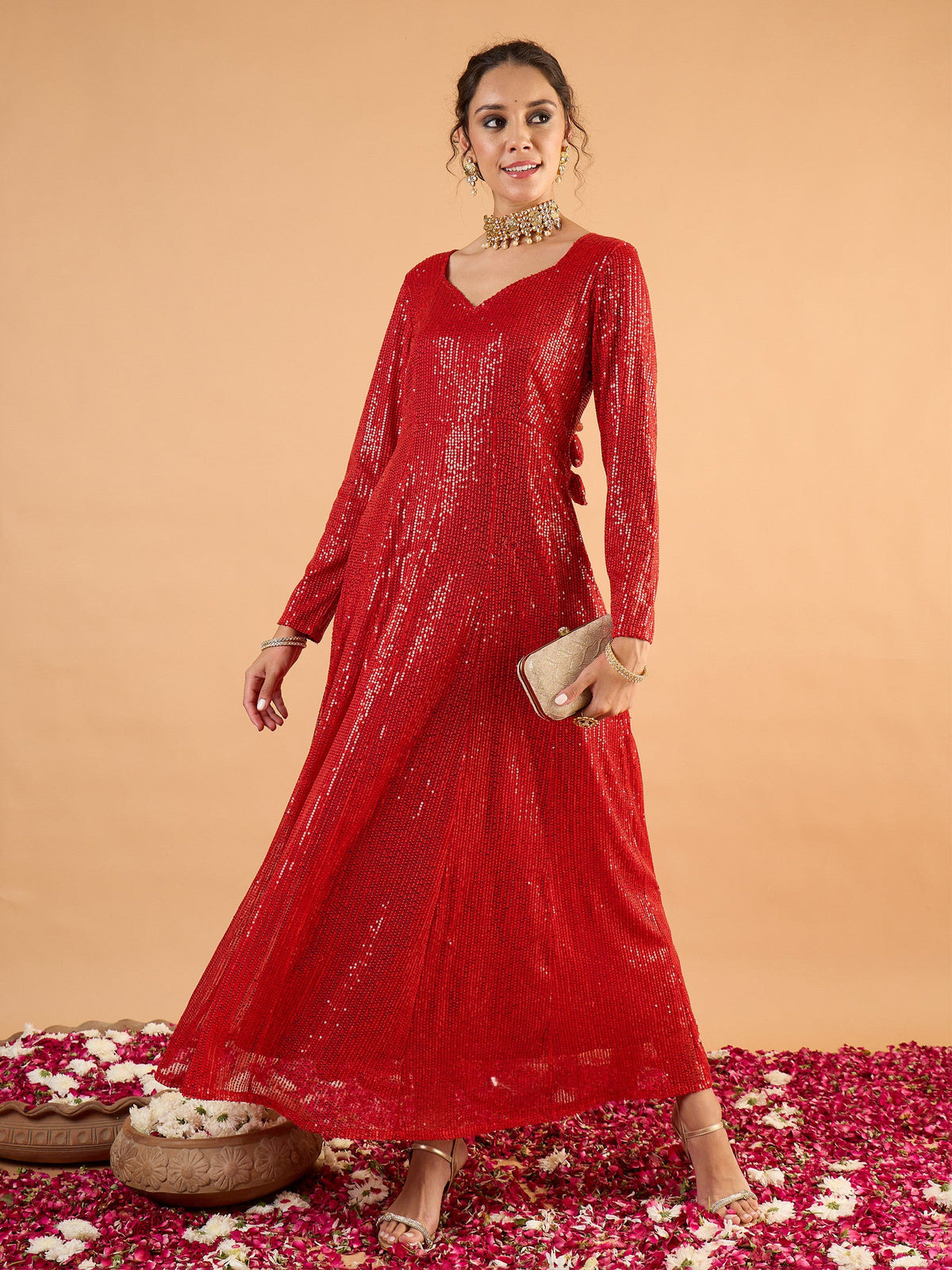 Red Sequence Sweetheart Neck Anarkali Dress-Shae By SASSAFRAS