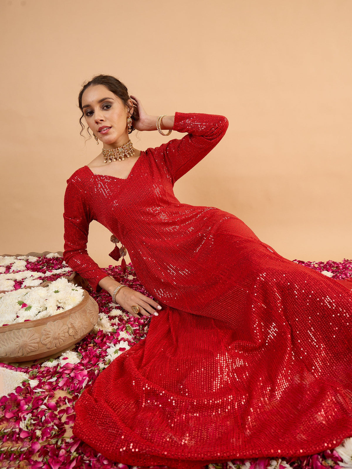 Red Sequence Sweetheart Neck Anarkali Dress-Shae By SASSAFRAS