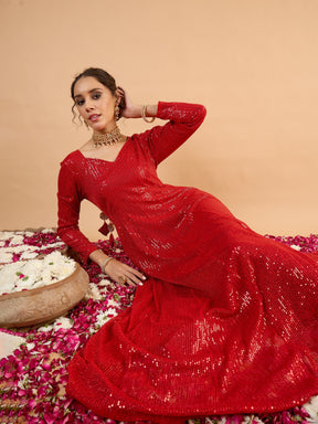 Red Sequence Sweetheart Neck Anarkali Dress-Shae By SASSAFRAS