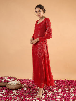 Red Sequence Sweetheart Neck Anarkali Dress-Shae By SASSAFRAS