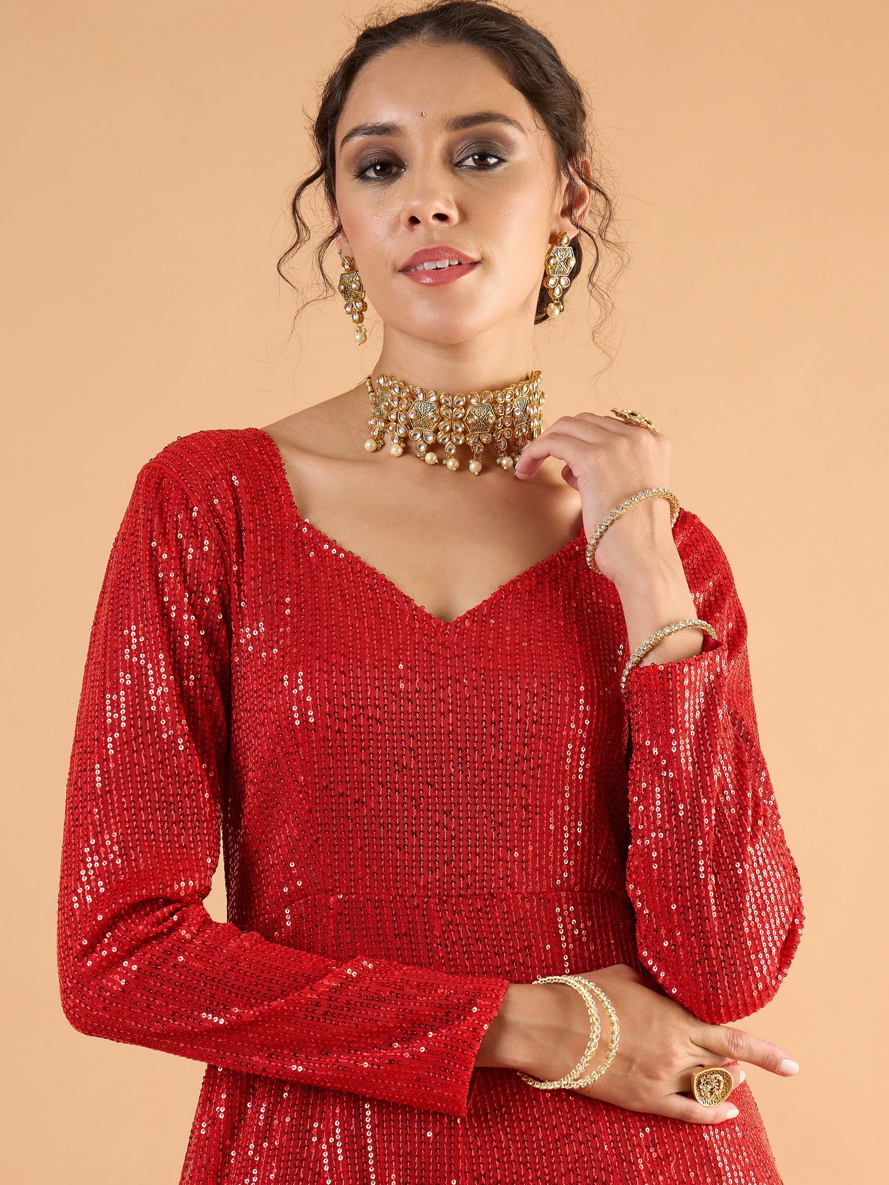 Red Sequence Sweetheart Neck Anarkali Dress-Shae By SASSAFRAS