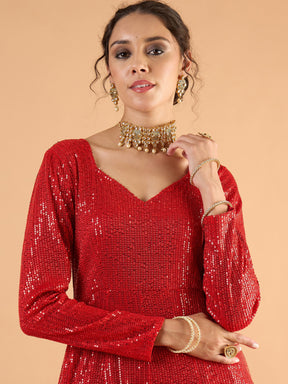 Red Sequence Sweetheart Neck Anarkali Dress-Shae By SASSAFRAS