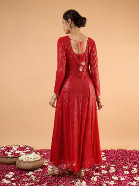 Red Sequence Sweetheart Neck Anarkali Dress-Shae By SASSAFRAS