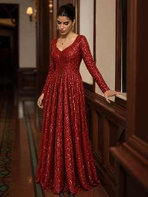 Red Sequence Sweetheart Neck Anarkali Dress-Shae by SASSAFRAS