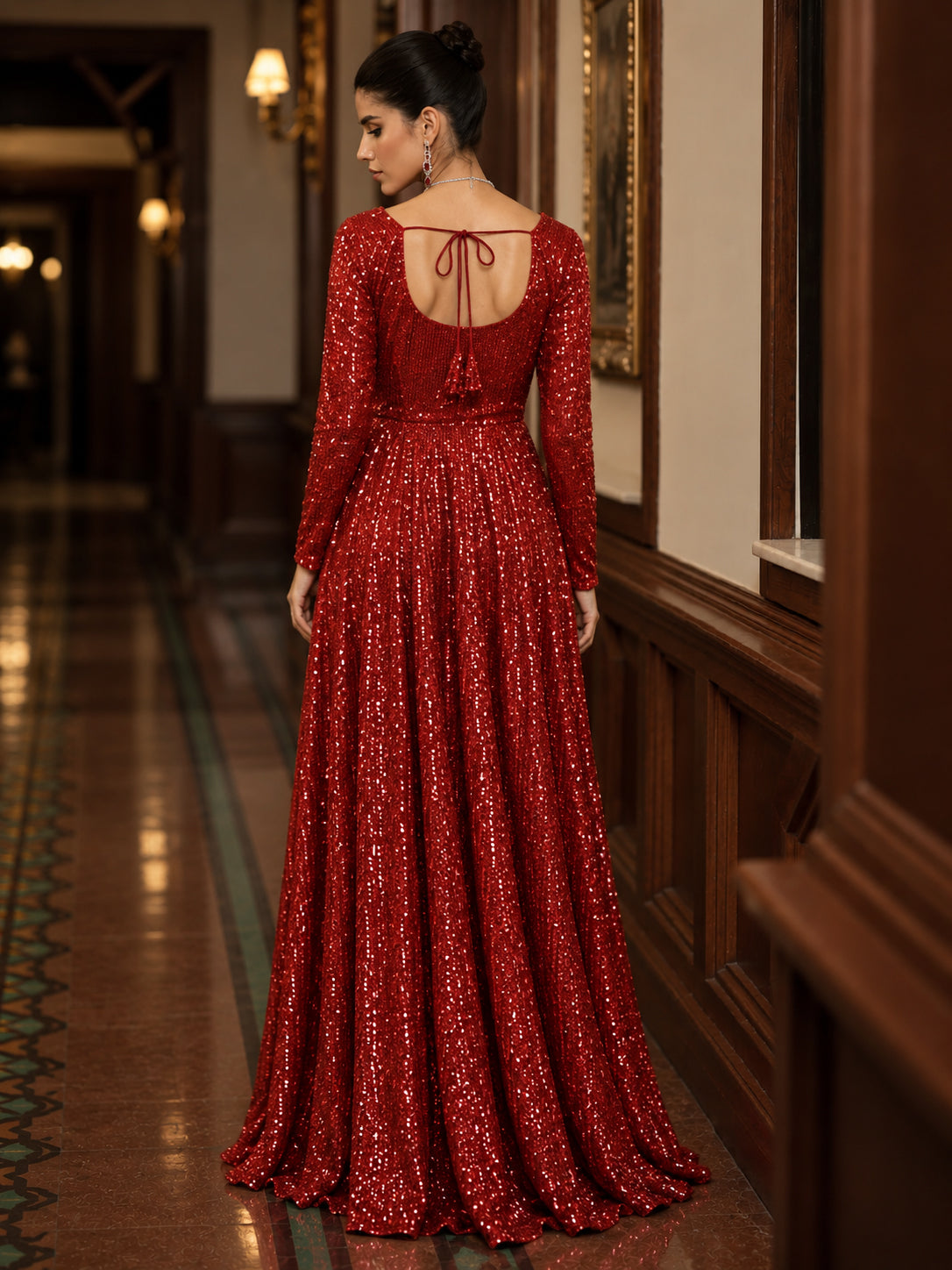 Red Sequence Sweetheart Neck Anarkali Dress-Shae by SASSAFRAS