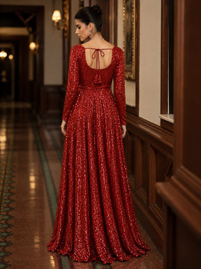 Red Sequence Sweetheart Neck Anarkali Dress-Shae by SASSAFRAS