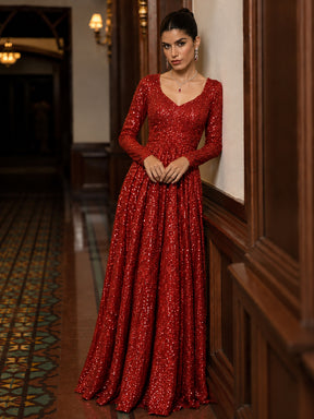 Red Sequence Sweetheart Neck Anarkali Dress-Shae by SASSAFRAS