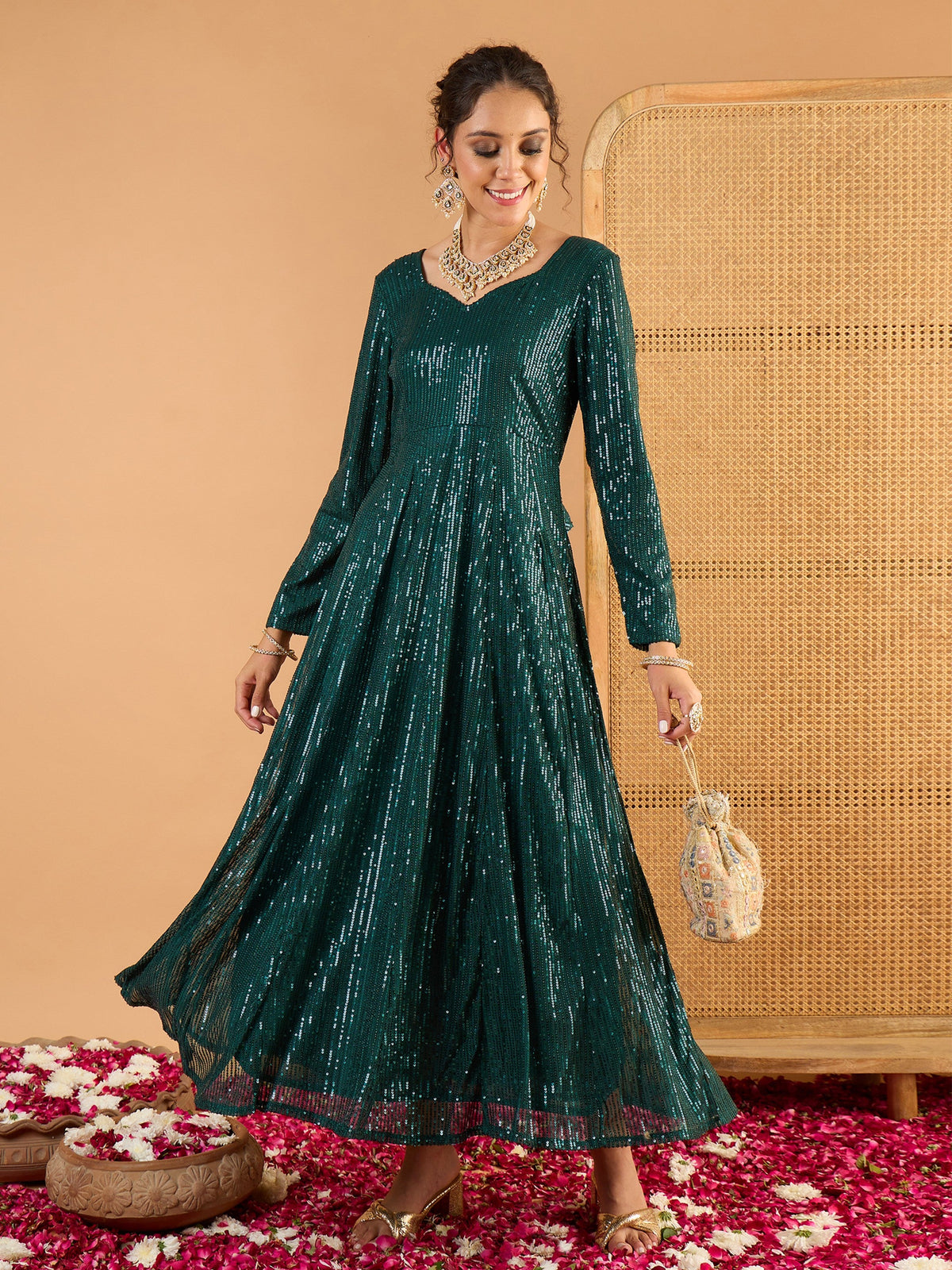 Teal Green Sequence Sweetheart Neck Anarkali Dress-Shae By SASSAFRAS